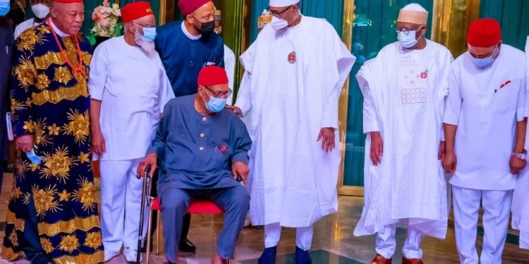 •President Buhari with the Igbo leaders at the State House Abuja on Friday