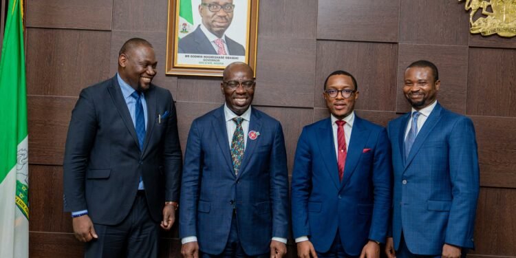 •L-R: Managing Director/Chief Executive Officer, Abdul Samad Rabiu (ASR) Africa Initiative, Dr Ubon Udoh; Edo State Governor, Mr. Godwin Obaseki; Corporate Communications Director, ASR Africa Initiative, Dr. Tega Ogra, and Multilateral Specialist, ASR Africa Initiative, Nakama Keri, during a courtesy visit, at the Government House, in Benin City, on Wednesday, December 1, 2021.