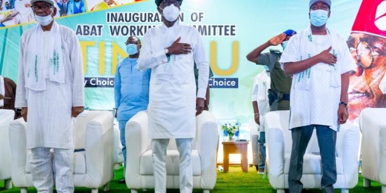 •Lagos State Governor, Mr Babajide Sanwo-Olu, flanked by his Deputy, Dr Obafemi Hamzat (right) and Chieftain of the All Progressives Congress, APC, Prince Tajudeen Olusi (left) during the inauguration of the Asiwaju Bola Ahmed Tinubu (ABAT) Movement Working Committee, at Ikeja, on Thursday, 27 Jan. 2022.