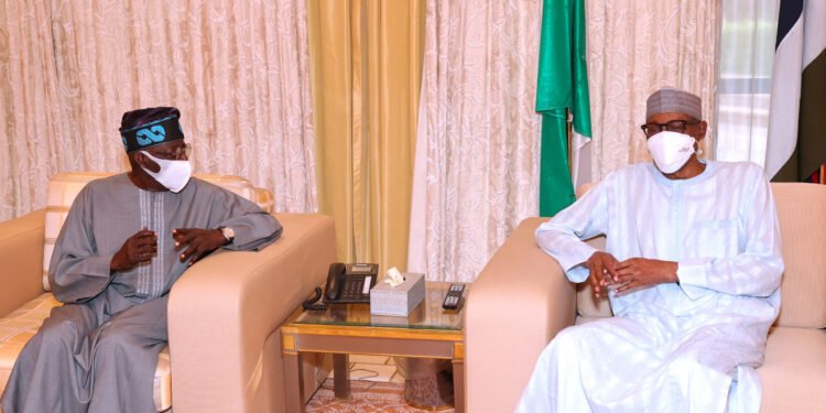 •FILE PHOTO... PRESIDENT BUHARI RECEIVES ASIWAJU BOLA AHMED TINUBU 3A&B. President Muhammadu Buhari chats with  the APC National Leader Asiwaju Bola Ahmed Tinubu in a close door meeting during his visit at the Residence Presidential Villa, Abuja. PHOTO; SUNDAY AGHAEZE. OCT 31 2021.