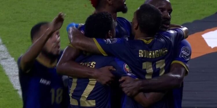 •The Cape Verdes celebrate Julio Tavares’s 45th minute goal...