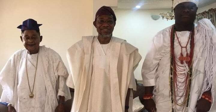 •L-R: The Alaafin of Oyo Town; Rauf Aregbesola, the Minister of Interior and the Ooni of Ife, Oba Adeyeye Ogunwusi, shortly after the meeting on Tuesday in Ibadan, Oyo State.
