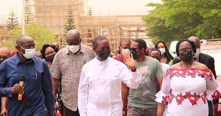 •Delta Governor, Senator Dr. Ifeanyi Okowa (right), accompanied by his Commissioner for Higher Education, Prof. Patrick Muoboghare (left) and Project Consultant,Delta University, Agbor,Arch. Kester Ifeadi,( middle), conducting the Governor round on -going building projects in the new university during the Governor's Inspection of facilities in the school on Friday. PIX: JIBUNOR SAMUEL