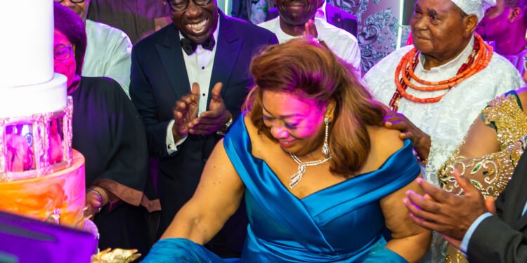 •L-R: Edo State Governor, Mr. Godwin Obaseki; Lady Cherry Igbinedion, and Esama of Benin, Chief Gabriel Igbinedion (behind the celebrants), at an event to mark Lady Cherry Igbinedion’s 70th birthday anniversary in Benin City.