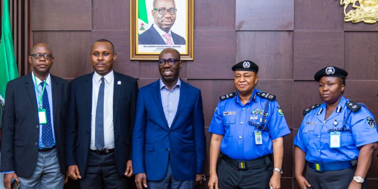 ••L-R: Permanent Secretary, Cabinet, Mr. Osagie Uyi Asemota; Commissioner for Information and Orientation, Andrew Emwanta; Edo State Governor, Mr. Godwin Obaseki; Assistant Inspector General of Police, Zone 5, Benin, Lawan Jimeta, and Deputy Commissioner of Police, Finance and Administration, Zone 5, Benin, Betty Otimenyin, during a courtesy visit at the Government House, Benin City, on Wednesday, April 6th, 2022.