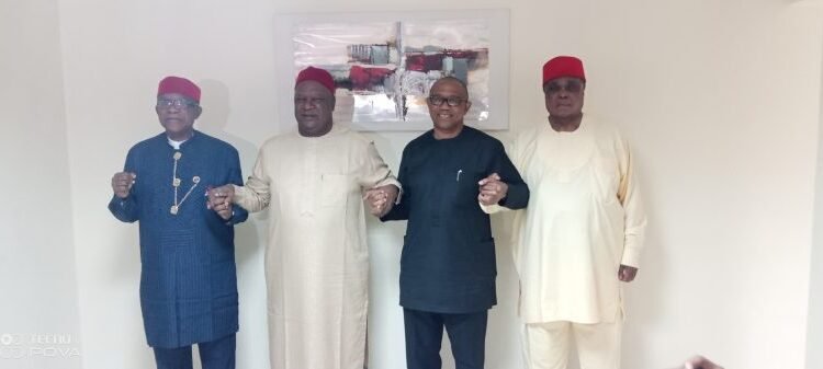 •L-R: South-east PDP aspirants, Mazi Sam Ohuabunwa, Anyim Pius Anyim, Mr. Peter Obi and Dr Nwachukwu Anakwenze.