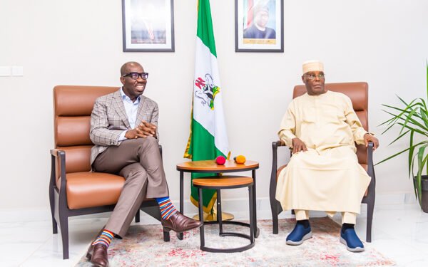 •Edo State Governor, Mr. Godwin Obaseki (left), with presidential aspirant of the Peoples Democratic Party (PDP), Alhaji Atiku Abubakar, during a consultation visit to the governor, at the Government House in Benin City, on Friday, May 13, 2022.