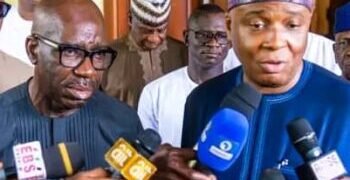 Obaseki Receives Saraki in Edo, as ex-Senate President Meets PDP Delegates