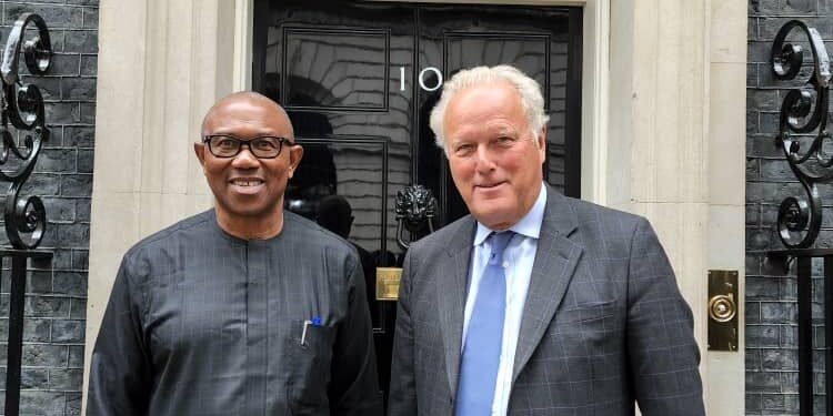 •Mr Peter Obi (l), with Lord Marland of Odstock ((r)  at 10 Downing  St., London, shortly before they entered into a meeting (today, 23rd of May) with the British Prime Minister, Mr. Boris Johnson.