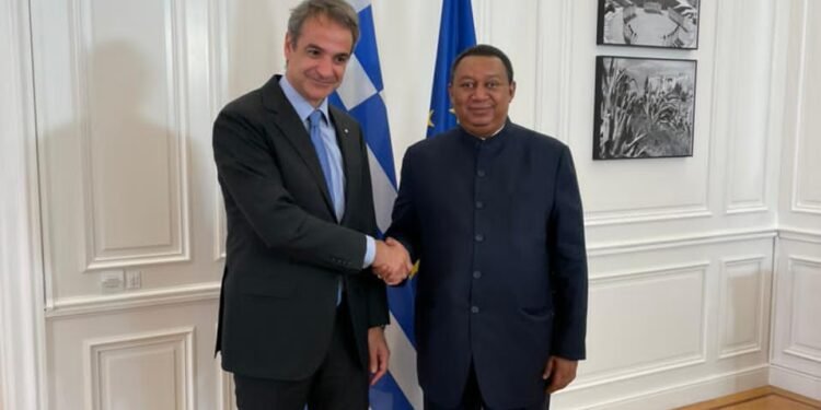 •In Athens, Greece, visiting Global Energy Leader and OPEC SG, HE Dr Mohammad Sanusi Barkindo (right), pays a courtesy call on the country's highly revered Prime Minister, HE Kyriakos Mitsotakis, at his palatial office.