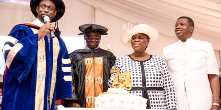 *L-R: Chancellor, Benson Idahosa University (BIU), Arch. Bishop Margaret Benson Idahosa; Edo State Acting Governor, Rt. Hon. Philip Shaibu; wife of the General Overseer of the Redeemed Christian Church of God, Pastor Mrs. Foluke Adenike Adeboye, and Pastor Enoch Adeboye, during BIU’s 17th convocation ceremony of at the main campus of the university, in Benin City, Edo State, on Saturday, July 16, 2022.