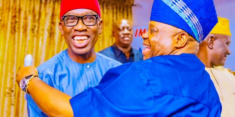 •Delta State Governor and PDP VP candidate in 2023 election, Dr. Ifeanyi Okowa (l) congratulating Osun Governor-elect, Senator Ademola Adeleke (r).