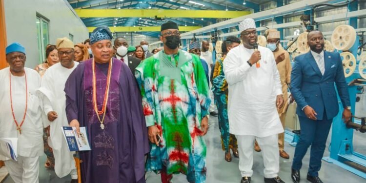 •L-R: Chairman, Coleman Technical Industry Limited, Asiwaju Solomon Onafowokan; Akarigbo of Remoland, Oba Babatunde Ajayi; Ogun State Governor, Prince Dapo Abiodun; Managing Director/CEO of the company, Mr George Onafowokan and Executive Director, Coleman, Michael Onafowokan at the commissioning of the First Fibre Optic Cable Factory in Sub-Saharan Africa at Arepo in Ogun State...Thursday