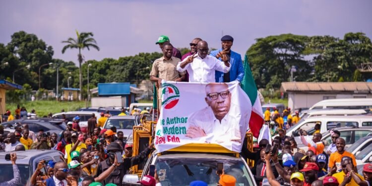 •Edo State Deputy Governor, Rt. Hon. Comrade Philip Shaibu; Governor Godwin Obaseki, and Speaker, Edo State House of Assembly, Rt. Hon. Marcus Onobun, during a welcome rally after the governor’s annual leave, in Benin City, on Tuesday, July 19, 2022.