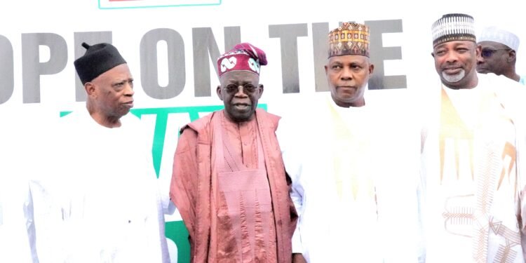 •APC National Chairman, Senator Abdullahi Adamu, APC Presidential Candidate, Asiwaju Bola Ahmed Tinubu, and his running mate, Senator Kashim Shettima, and the party's Deputy National Chairman (North), Senator Abubakar Kyari, when Senator Adamu and members of the National Working Committee of the party paid a courtesy visit on Asiwaju Tinubu at the Tinubu/Shettima Campaign Office at Central Business District, Abuja on Friday.