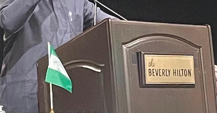 •Mr. Peter Obi addressing Nigerian-Americans at the Beverly Hilton Hotel, Los Angeles, California, USA.