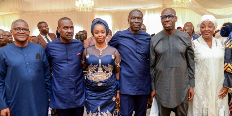 •L-R: Chairman, Dangote Group, Alhaji Aliko Dangote; Pastor Itua Ighodalo; Mrs. Ifeyinwa Ighodalo; Chairman, Alaghodaro Economic Summit LTD/GTE and Chairman, Sterling Bank Plc, Dr. Asue Ighodalo; Edo State Governor, Mr. Godwin Obaseki, and his wife, Betsy, during 10th year remembrance service in honour of late Chief Jeremiah Aghedo Ighodalo in Ewohimi, Esan South East Local Government Area of Edo State at the weekend.