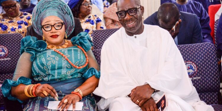 L-R: Vice Chancellor, University of Benin, Prof. Lilian Salami, and Edo State Governor, Mr. Godwin Obaseki, during the wedding ceremony of Mr. Amen Salami and Onyekachukwu, in Warri, Delta State.