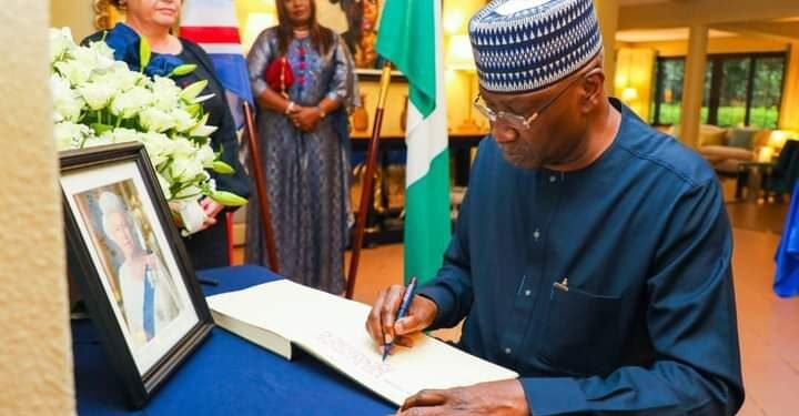 •Boss Mustapha signing the Condolence Register, on Friday.