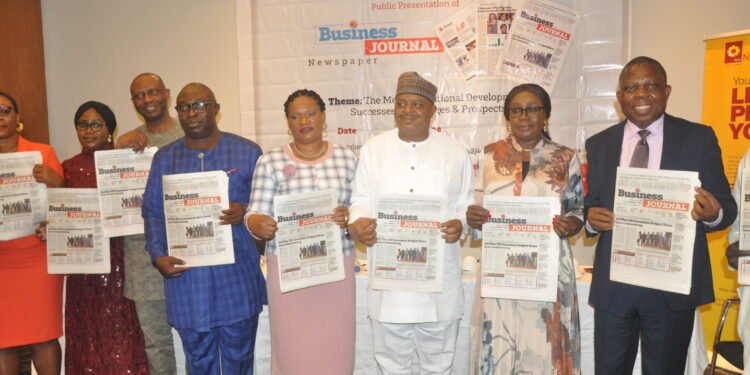 •L-R: Maureen Chigbo, President, Guild of Corporate Online Publishers (GOCOP); Mrs. Adeola Olagoke, rep. Lagos State Commissioner for Information & Strategy; Dr. Biodun Adedipe; Prince Cookey, Publisher/Editor-in-Chief, Business Journal; his wife, Mrs. Perpetua Cookey; Mr. Rasaaq Salami, Dep. Director, rep. CFI/CEO of NAICOM; Mrs. Nnenna Ukoha, rep. EVC/CEO of NCC and Tim Akano, MD/CEO, New Horizons Limited at the official launch of Business Journal Newspaper in Lagos over the weekend.
