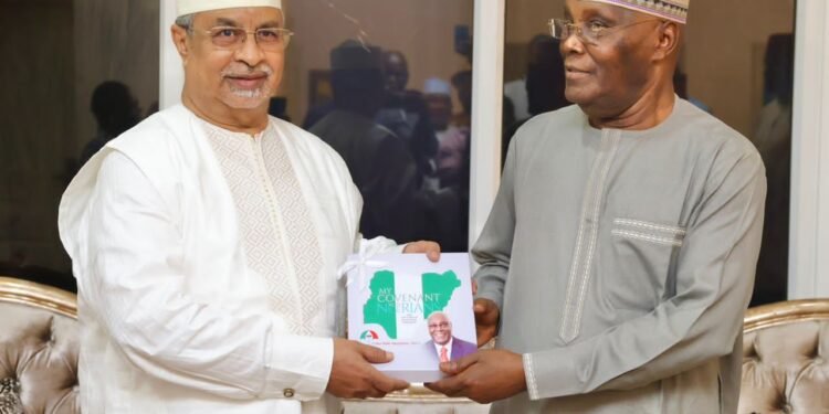 •Presidential candidate of the Peoples Democratic Party and former Vice President of Nigeria, Atiku Abubakar presenting his policy document titled, My Covenant with Nigerians to the Under Secretary-General of the United Nations, Ambassador Mahamat Saleh, who led other diplomats of the United Nations Office for West Africa and the Sahel to Atiku’s residence in Abuja on Tuesday.