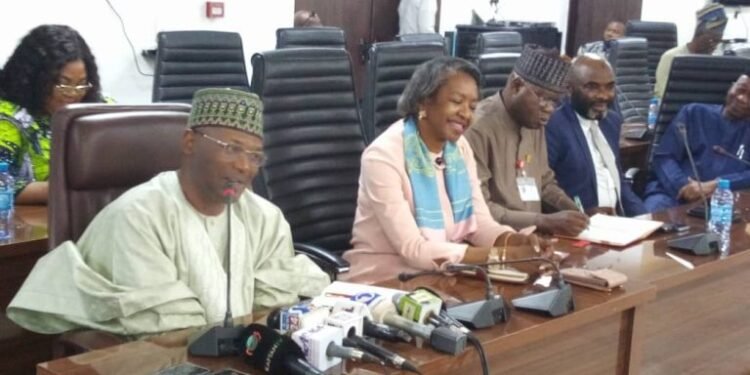 •INEC Chairman Prof. Mahmood Yakubu and National Commissioners while receiving ECOWA Pre-Election Fact Finding delegation at the Commission’s headquarters in Abuja on Monday