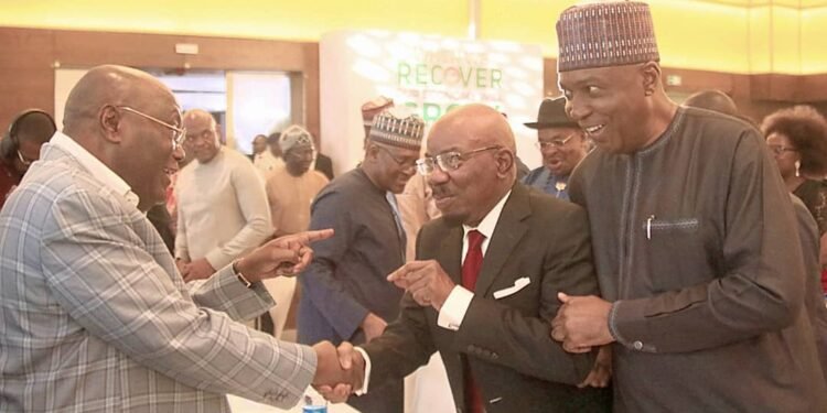 •Presidential candidate of the Peoples Democratic Party and former Vice President of Nigeria, 1999-2007, Chairman of Zenith Bank, Jim Ovia and former Senate President President, Dr Bukola Saraki at the meeting of the PDP presidential candidate with corporate Nigeria leaders in Lagos on Saturday.