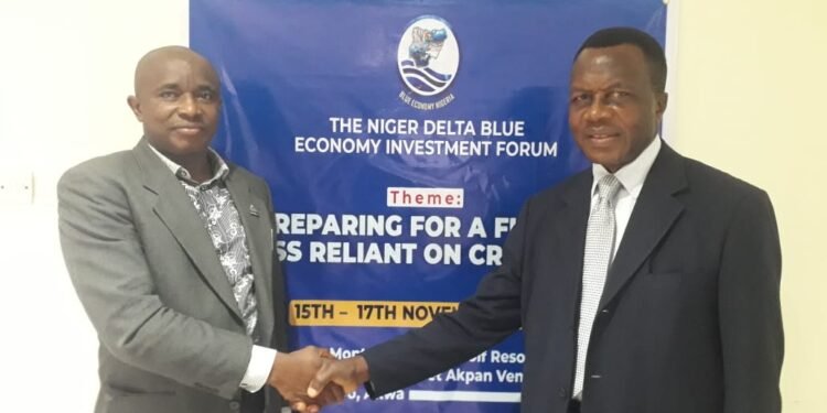 ••L-R: Mr Hilary Efanga, Researcher/Senior Lecturer, Maritime Academy of Nigeria, Oron and Mr Soji Adeleye, CEO, Alfe City Institution at the  Niger Delta Blue Economy Investment Forum (15-17 Nov, 2022) at Monty Suites and Golf Resort, Uyo, Akwa Ibom State.