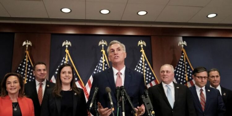 •House Republican Leader Kevin McCarthy (R-CA) speaks to reporters after McCarthy was nominated by fellow Republicans to be their leader or the Speaker of the House if they take control in the next Congress, following House Republican leadership elections at the U.S. Capitol in Washington, U.S., Nov. 15, 2022. REUTERS/Michael A. McCoy.
