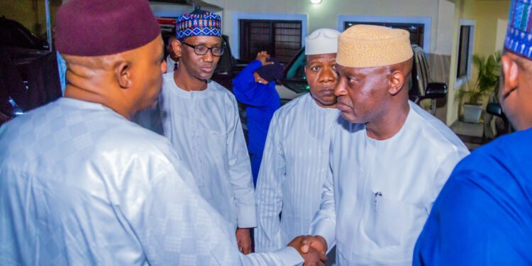 •L-R: All Progressives Congress (APC) Vice Presidential Candidate, Senator Kashim Shettima; former chairman, EFCC, Mallam Nuhu Ribadu; Senator representing Ekiti Central Senatorial District, Michael Opeyemi Bamidele; and Ekiti State Governor, Mr. Biodun Oyebanji;  during a meeting  in Abuja… on Saturday