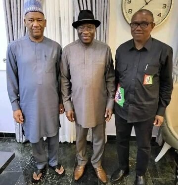 •Former President Goodluck Jonathan flanked by Mr. Peter Obi (r) and Yusuf Datti-Ahmed (l)...during the visit