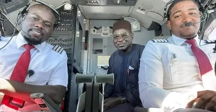 Capt Buratai Jnr flying an Arik Air airplane (l), his father, Retired Lt-Gen TY Buratai (m) and Capt Ahmed Musa (r).