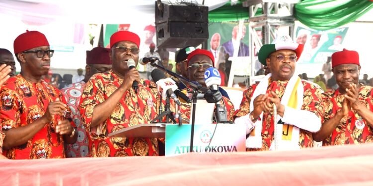 •PDP Presidential Candidate, Alhaji Atiku Abubakar, (2nd Left), addressing see party faithful at the party’s Presidential Rally in Owerri, Imo State on Saturday. With him are his running mate and Governor of Delta,Senator Ifeanyi Okowa (left), National Chairman of the party, Senator Iyorchia Ayu (middle), Chairman, PDP Campaign Council and Governor of Akwa Ibom, Mr Emmanuel Udom (2nd right) and Governor of Sokoto State and Director-General of the party's Presidential Campaign Council, Aminu Tambuwal.Pix: Enarusai Bripin