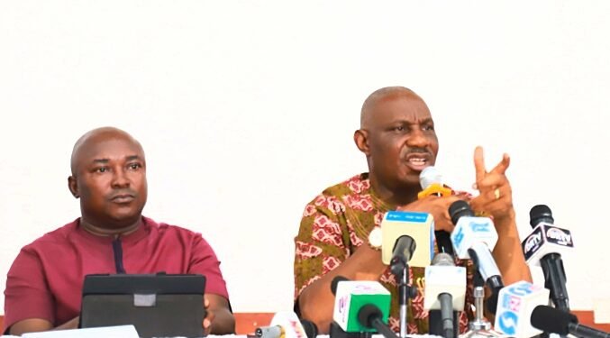 •The Chief Press Secretary to  Delta Governor, Mr. Olisa Ifeajika (right), flanked by the Senior Special Assistant to the Governor on media, Mr. Nelson Egware, addressing Journalists in Government House, Asaba on Friday. PIX: ENARUSAI BRIPIN 