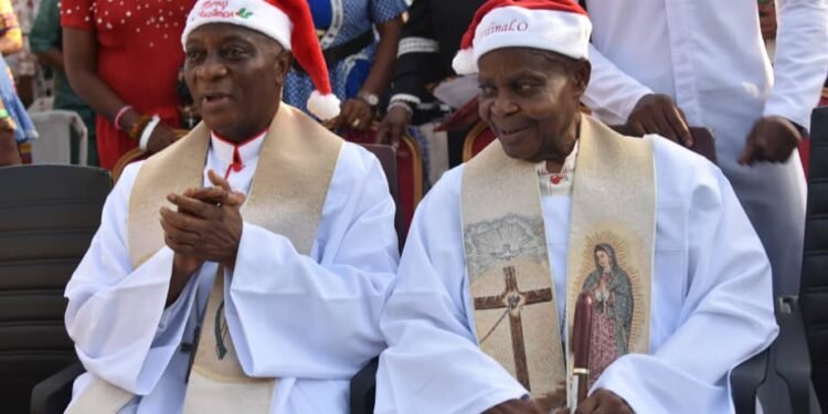 •Catholic Photo: (L-R) His Grace Most Rev. (Dr.) Alfred Adewale Martins, Archbishop of the Metropolitan See of Lagos and His Eminence Anthony Cardinal Okogie, Archbishop Emeritus of the Catholic Archdiocese of Lagos at the 2022 Christmas Concert in Celebration of 10 years of Episcopal Enthronement of Archbishop Alfred Martin's and 10 Years of Anthony Cardinal Okogie as Emeritus Archbishop at the Church of the Assumption – Falomo, ikoyi Lagos