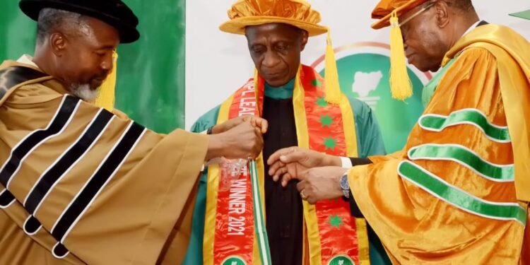 •Former TETFund boss, Prof. Suleiman E. Bogoro, being decorated at investiture ceremony in Abuja as NPL 2021 Winner.