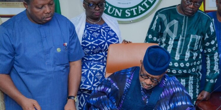 •L-R: Speaker,  Ogun State House of Assembly, Rt. Hon. Olakunle Oluomo; Deputy Governor, Engr Noimot Salako-Oyedele; Governor Dapo Abiodun and the Secretary to the State Government , Mr Tokunbo Talabi during the signing of the N472bn 2023 "Budget of Continued Development and Prosperity" at the Governor’s Office, Oke-Mosan, Abeokuta on Thursday.