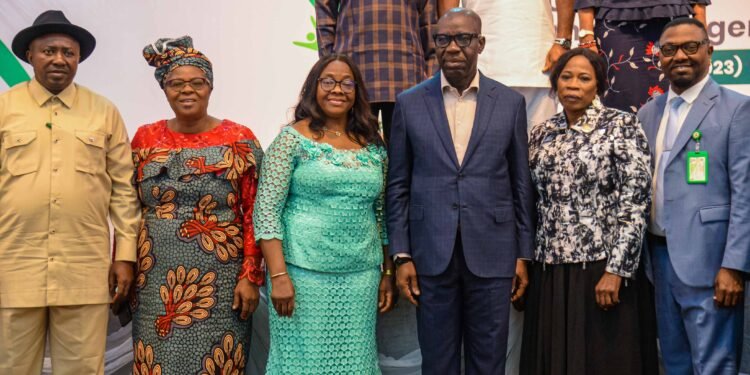 *L-R: Bayelsa State Commissioner for Education, Dr. Gentle Emelah; Permanent Secretary, Rivers State Ministry of Budget and Economic Planning, Mrs. Titilola Cline, Senior Special Assistant to the President on Employment and Job Creation, Mrs. Matilda Mmegwa, Edo State Governor, Mr. Godwin Obaseki; National Coordinator, Core Working Group on Human Capital Development, Ms Yosola Akinbi, and Edo State Head of Service, Anthony Okumbowa Esq., during the South-South Regional Conference, at the Government House in Benin City, on Wednesday January 18, 2023.