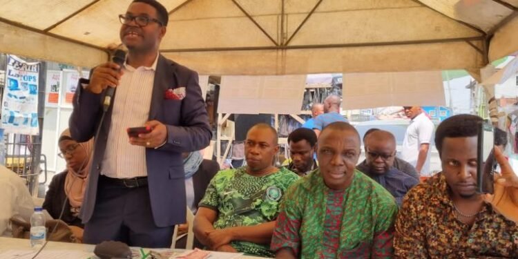 *Mr. Kofo Salam-Alada, Director, Legal Services Department, Central Bank of Nigeria, sensitising marketers at Computer Village, Ikeja, Lagos, on Wednesday.