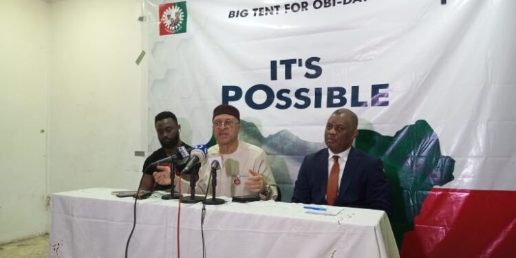 •Prof. Pat Utomi, a Nigerian Political Economy and Management Expert (Second Left) at a news conference on Friday in Lagos.