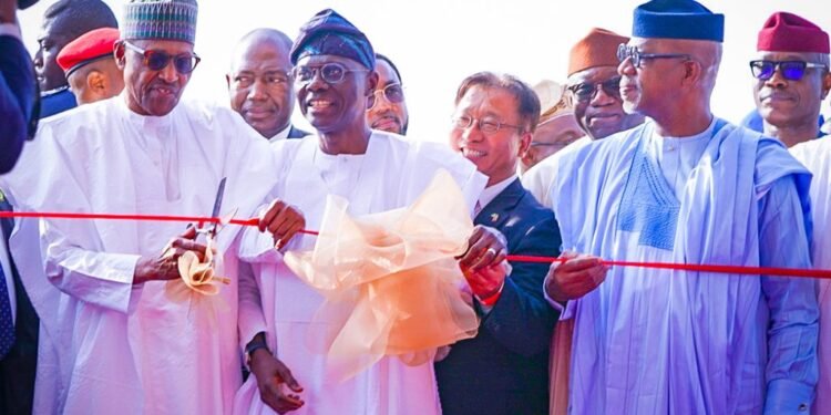 *L-R: President Muhammadu Buhari; Gov. Babajide Sanwo-Olu of Lagos State; Chinese Ambassador to Nigeria, Mr Cui Jian Chun; former Governor of Ekiti State, Dr Kayode Fayemi and Governor Dapo Abiodun of Ogun State during the inauguration of the Lekki Deep Seaport at the Lekki Free Trade Zone in Lagos, on Monday, Jan. 23, 2023