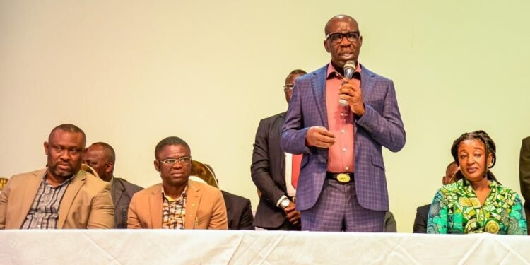 •L-R: Chief of Staff to Edo State Governor, Hon. Osaigbovo Iyoha; Edo State Deputy Governor, Rt. Hon. Comrade Philip Shaibu; Governor Godwin Obaseki, and his wife, Mrs. Betsy, during a meeting with market women, at the Government House in Benin City, on Monday, February 6, 2023.