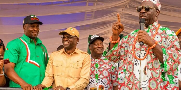 •R-L: Edo State Governor, Mr. Godwin Obaseki; Secretary to the State Government, Osarodion Ogie Esq.; Edo State Deputy Governor, Rt. Hon. Comrade Philip Shaibu, and Peoples Democratic Party (PDP) candidate for Edo South Senatorial District, Hon. Mathew Iduoriyekemwen, at the Edo PDP presidential campaign grand finale in Benin City, on Tuesday, February 21, 2023.