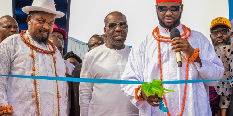 •L-R:  The Iyasere of Warri, Chief Johnson Atseleghe; the Edo State Governor,  Mr. Godwin Obaseki, and the Enogie of Ologbo, Prince Owenubugie Akenzua,  during the commissioning of  six emergency patrol speed boats, in Ologbo, Ikpoba-Okha Local Government Area of Edo State, on Wednesday, February 22, 2023.