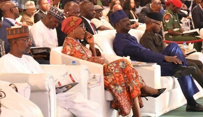 •(L-R) FCT Minister, Malam Muhammad Musa Bello, Chairman, Leadership Group, Mrs Zainab Nda-Isiah former Kenya Prime Minister, Hon. Raila Odinga and the Vice President, Federal Republic of Nigeria, Prof Yemi Osinbajo during the 2022 Leadership Annual Conference and Awards held on Tuesday, January 31, 2023 in Abuja.