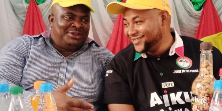 The Deputy National Youth Leader, People's Democratic party (PDP) Hon. Timothy Osadolor (left) and the Deputy Director, Student Mobilisation (South) PDP National Youth Presidential Campaign Council and Senior Special Assistant to Delta State Governor on Student Affairs, Comrade Engr Jerry Ehiwarior at a one-day town hall meeting for Youths and Students in South-South region held in Asaba, the Delta State capital.  Photo: ANDREW IKEHI
