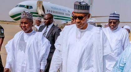 •President Muhammadu Buhari, Gov. Aminu Masari and others at the Airport in Katsina on Thursday.