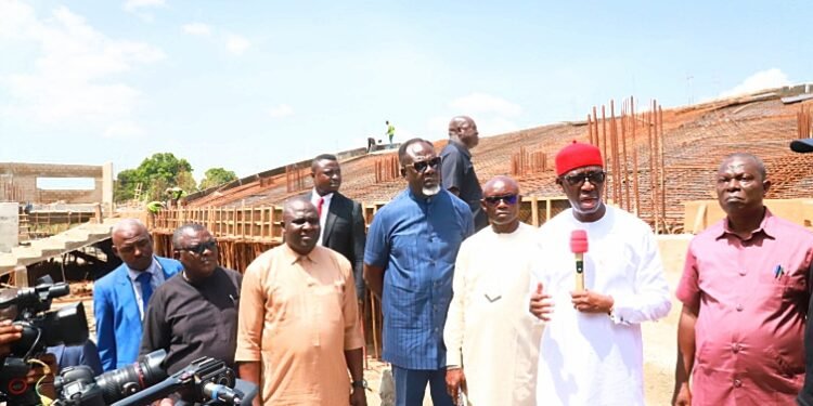 *Delta Governor, Senator Dr. Ifeanyi Okowa (2nd right), addressing journalists shortly after inspecting the  Ultra Modern Conference Centre (ICC) under construction in Asaba on Monday. With him  are Commissioner for Housing, Chief Festus Ochonogor (right), the Commissioner for Special Projects,  Hon.  Henry  Sakpra (3rd right)  and Chairman,  PDP,  Delta North,  Mr. Moses Iduh (middle). (3rd left) is Commissioner for Higher Education,  Dr. Kingsley  Ashibuogwu. PHOTO: SAMUEL JIBUNOR