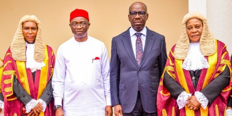 *L-R: Hon. Justice Adefope Okojie; Imo State Deputy Governor, Prof Placid Njoku; Edo State Governor, Mr. Godwin Obaseki, and Hon. Justice Rita Noskhare Pemu (rtd.), at the Special Valedictory Court Session held in honor of retiring Presiding Justice of the Court of Appeal, Owerri Division, Hon. Justice Pemu, held at the Court of Appeal, Benin Division, in Benin City, on Monday, March 6, 2023.