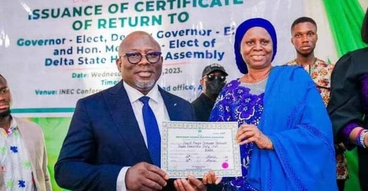 *Rt. Hon. Sheriff Oborevwori receives Certificate of Return as Delta Governor-elect on Wednesday March 29, 2023, in Asaba. 
Photo credit: Advancing Delta media team.